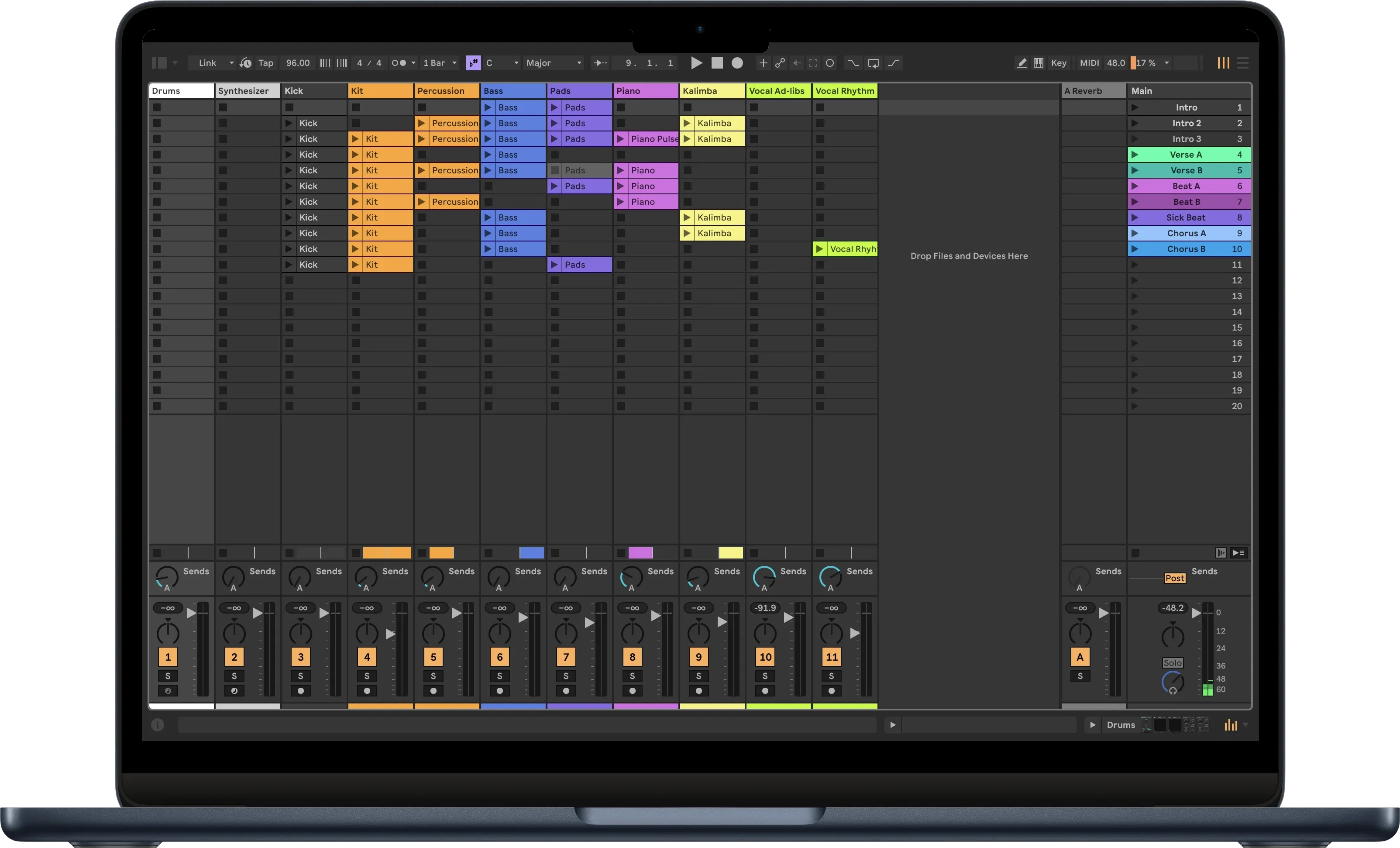 Ableton Live session view on a MacBook