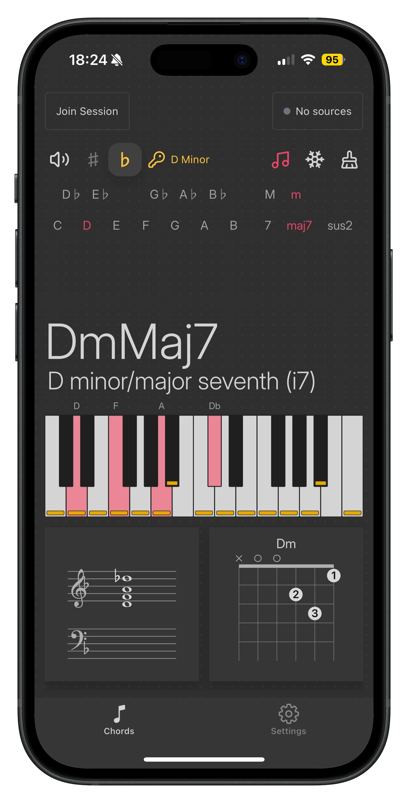 Reflection on an iPhone showing a chord and its notes